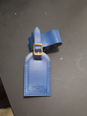 Louis Vuitton Blue Leather Luggage Tag with Gold Buckle